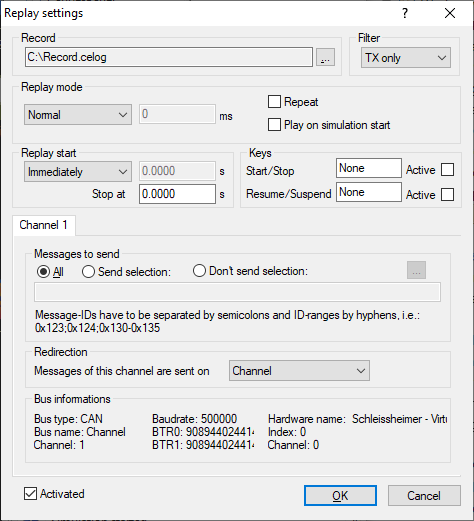 Replay settings for CAN